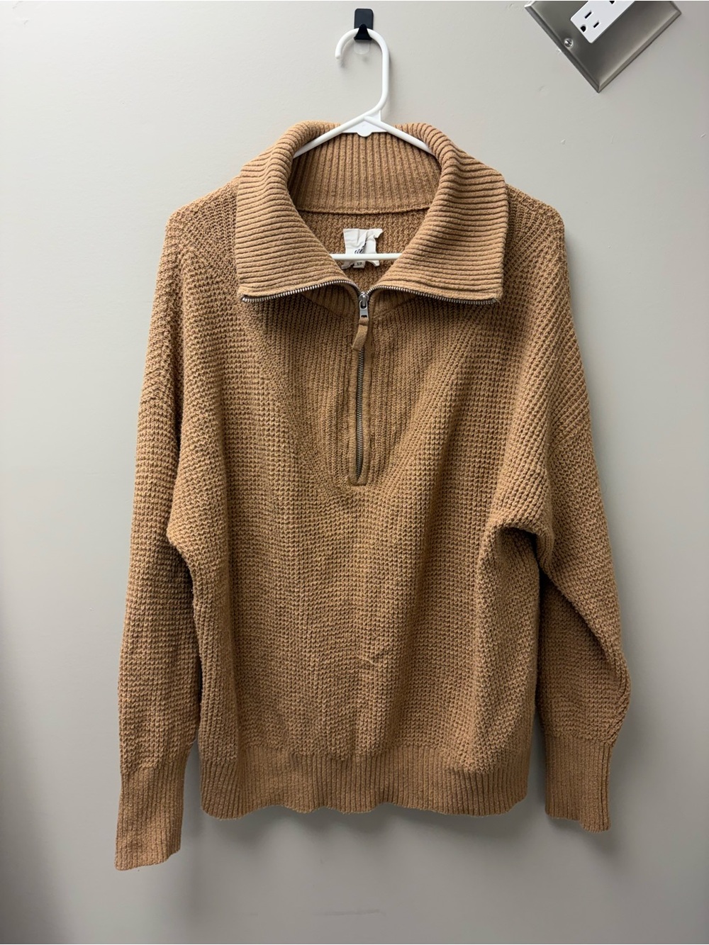 Aerie Women’s Waffleknit Half-Zip Relaxed Funnel Collar Light Brown Sweater